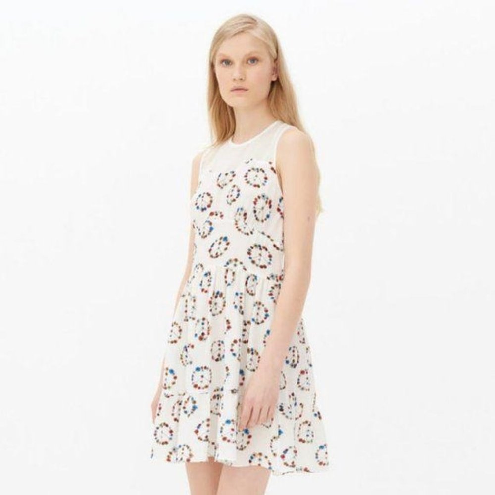 Sandro Replay Printed Silk Dress in Ecru Peace Sig